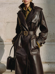 Old Money Environmentally Friendly Leather Belt Lapel Mid-length Windbreaker Coat