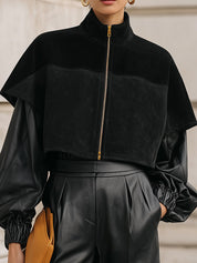 Old Money Suede & Eco-leather Spliced stand Collar Cape Sleeve Jacket
