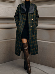 Chic Vibe  Eco-friendly Leather Lapel  Dark Green Plaid Wool Coat
