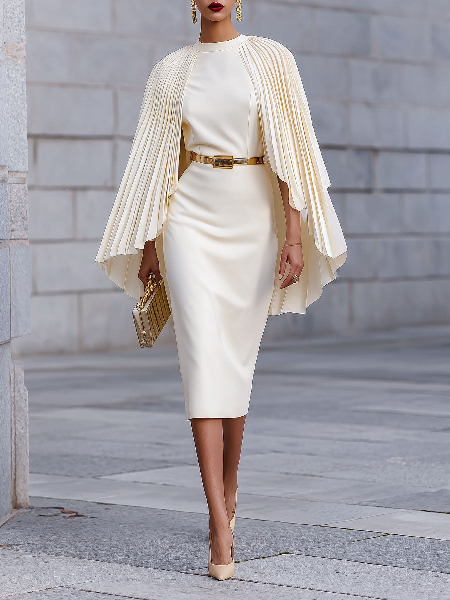 Commuting Pleated Cap Sleeve Slim Fit Midi Dress