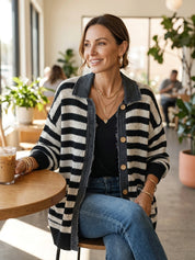 Women's Striped Button-Up Knit Raw-Edge Trim And Pockets Cardigan