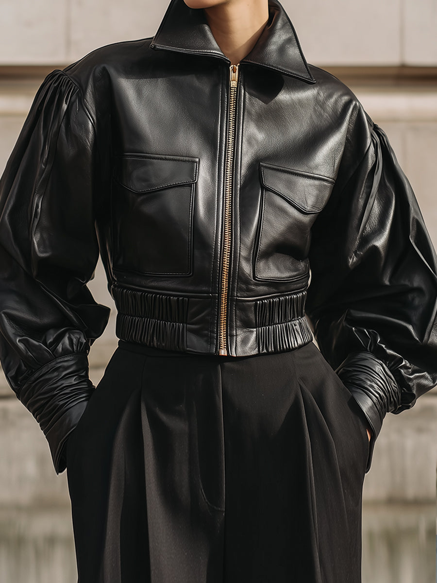 90s Minimalism Structured Cropped Eco-friendly Leather Jacket