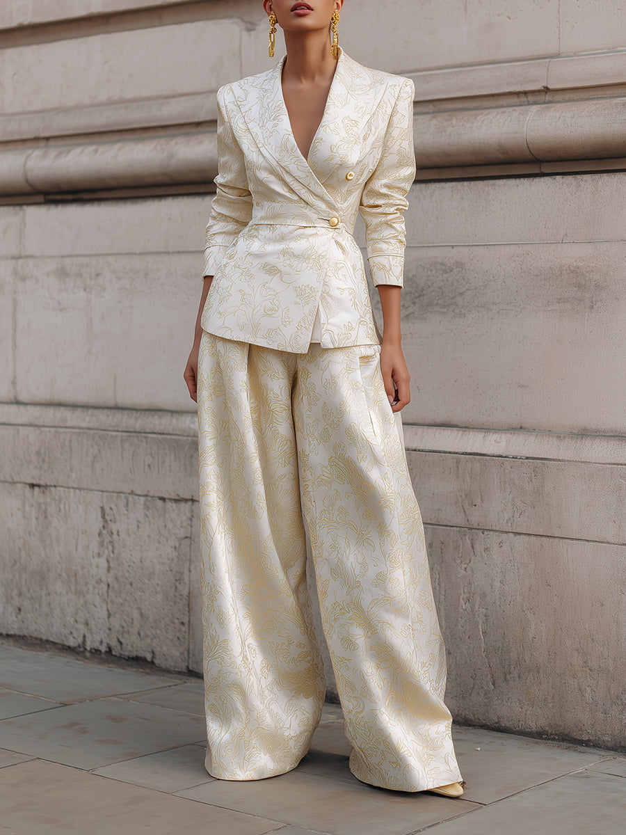 Old Money Embroidered Blazer And Wide-Leg Pant Set