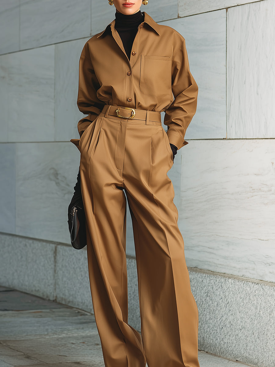 Casual Minimalist Pocketed Cotton Blouse & Pinch Pleated Straight Pants Set