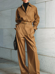 Casual Minimalist Pocketed Cotton Blouse & Pinch Pleated Straight Pants Set