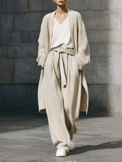 Minimalist Fine Knit Mid-length Cardigan & Straight Pants Set With Belt