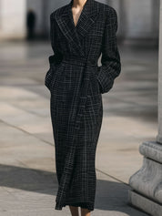 Minimalist Plaid Cocoon Wool Mid-length Coat With Belt