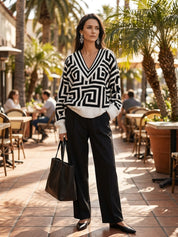 Oversized Geometric Jacquard V-Neck Sweater