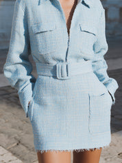 Parisian Retro Minimal Feminine Utility Tailored Straight Powder Tweed Shirt Dress