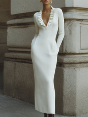 Minimalist Fine Knit Ruffle Neckline Slim Fit Midi Dress