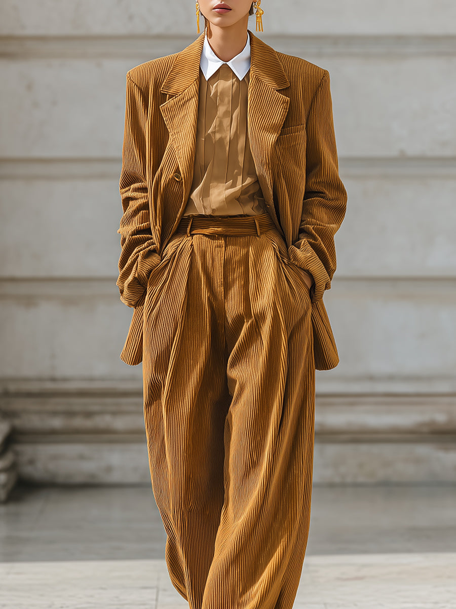 Old Money Corduroy Lapel Blazer & Pleated Waist Loose Wide Leg Pants Set