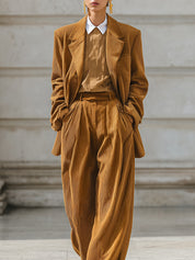 Old Money Corduroy Lapel Blazer & Pleated Waist Loose Wide Leg Pants Set