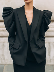 Modern Classic Puff StructuredSleeves Black Wool Blazer