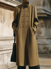Minimalist Double-breasted Stand-collar Mid-length Woolen Coat