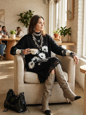 Quiet Luxury Soft Knit Oversized-Fit Black Floral Jacquard Tunic Dress