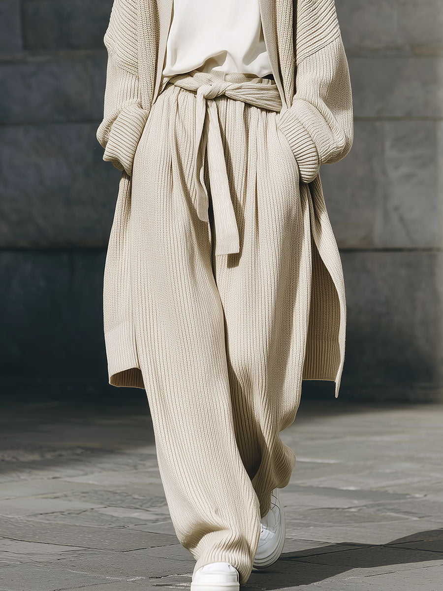 Minimalist Fine Knit Mid-length Cardigan & Straight Pants Set With Belt