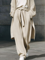 Minimalist Fine Knit Mid-length Cardigan & Straight Pants Set With Belt