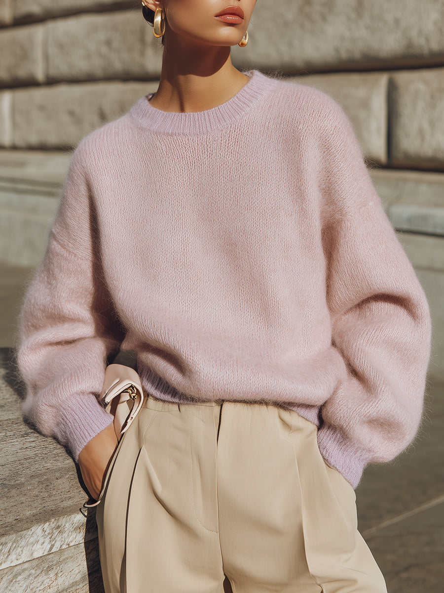 Commuting Drop Sleeves Contrast Color Round Neck Soft Knitted Sweater