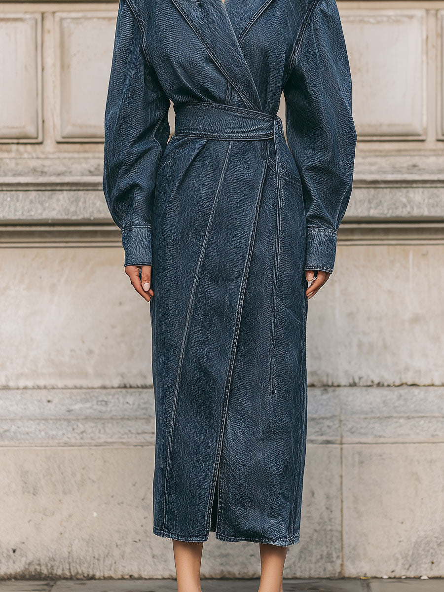 Casual Deconstructed Acid Wash Denim Diagonal Placket Cocoon Waist Coat With Belt