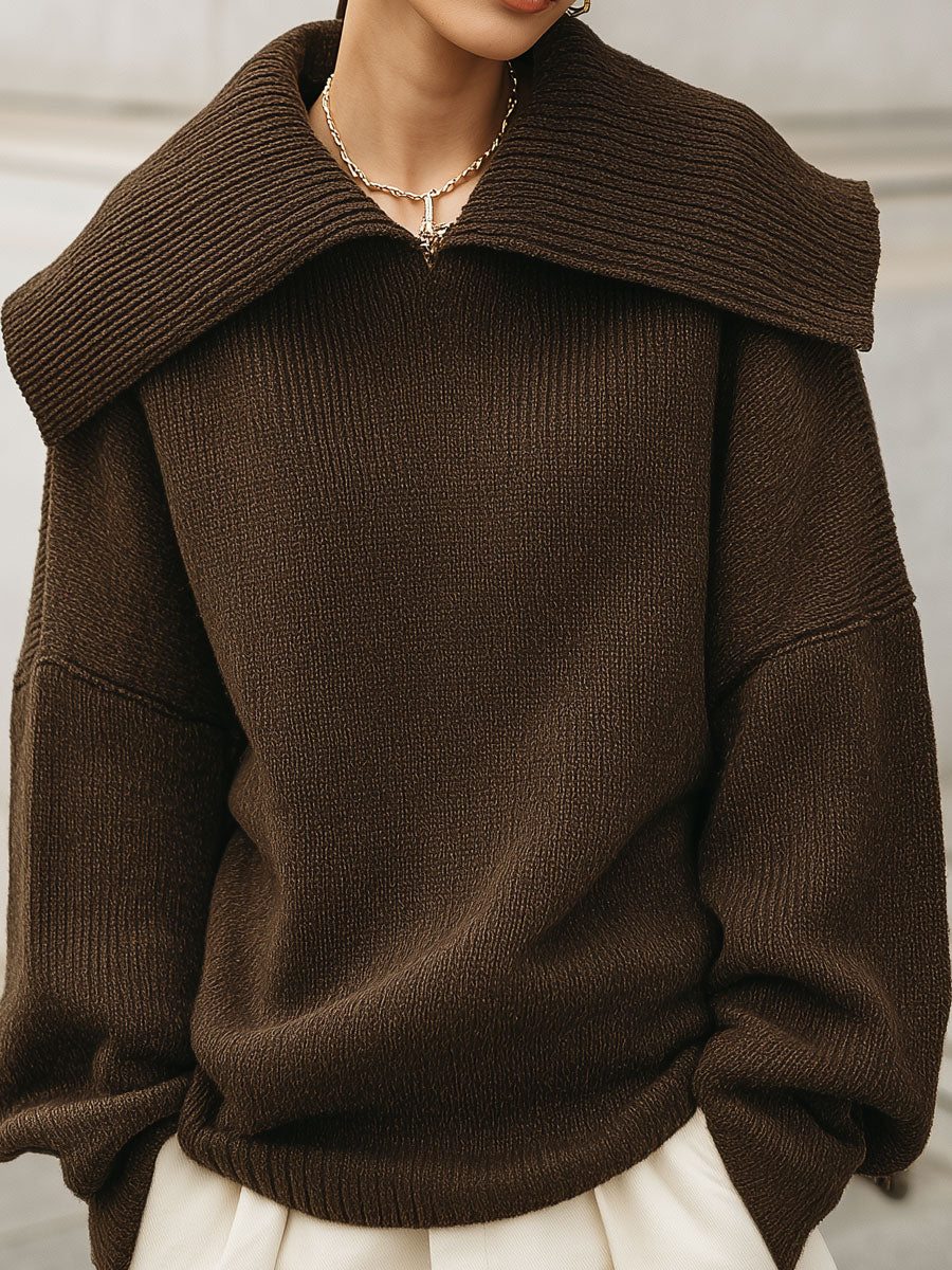 Minimalist Fine Knit Large Lapel Off-shoulder Sweater