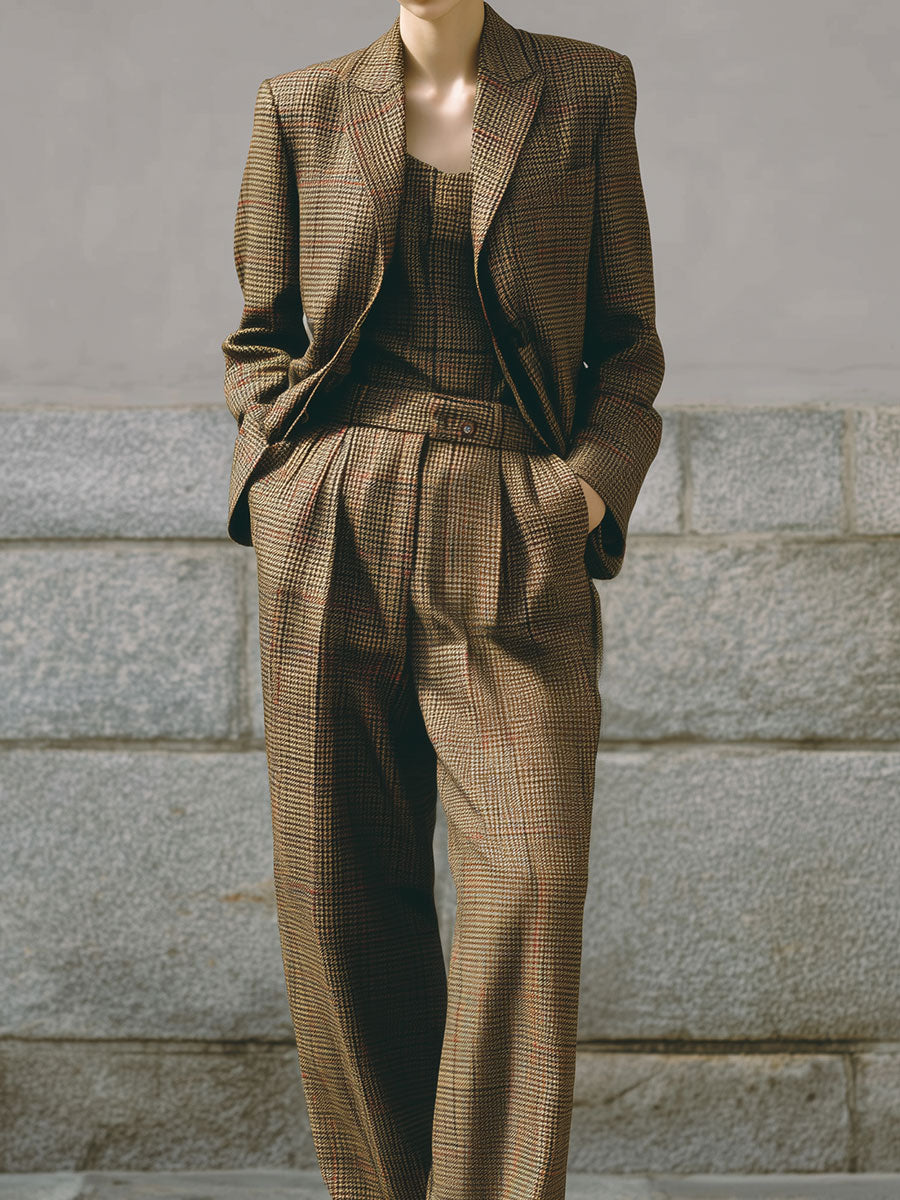 Classic Woolen Fine Plaid Lapel Blazer & Vest & Straight Pants 3-pc
