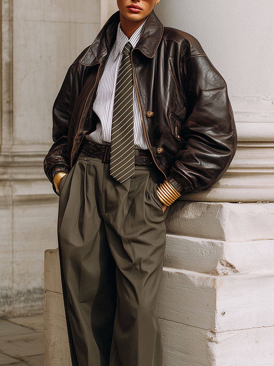Commuting Eco-friendly Leather Off-shoulder Oversized Bomber Jacket