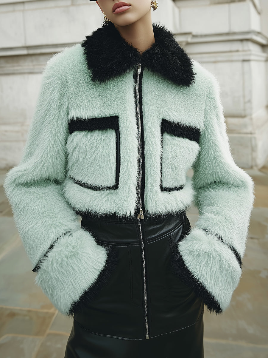 Chic Contrast Patchwork Faux Fur Front Zipper Cropped Boxy Jacket
