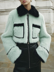 Chic Contrast Patchwork Faux Fur Front Zipper Cropped Boxy Jacket