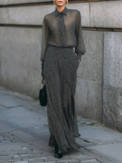 Stylish Polka Dot Chiffon Printed Blouse & Long Skirt Set