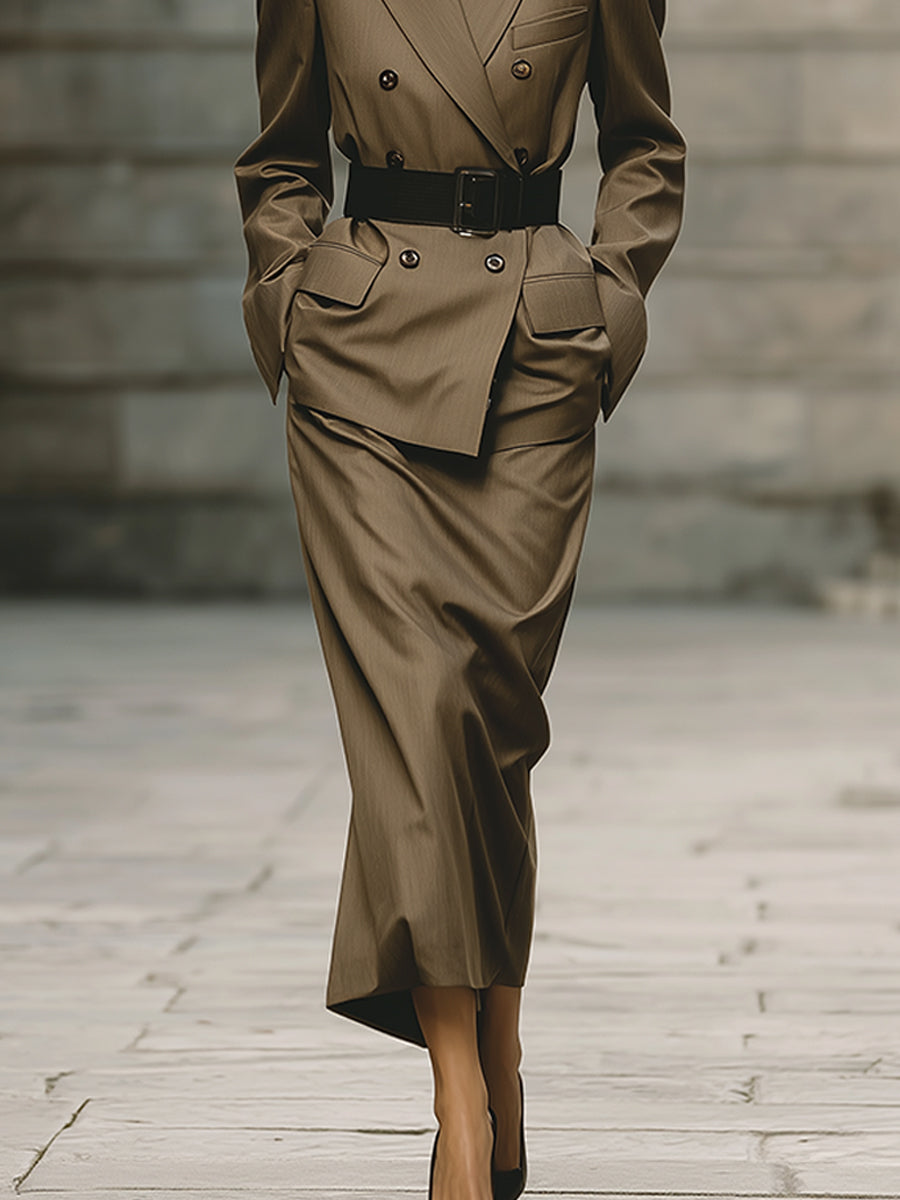Simple Lapel Loose Blazer & Back Slit Cotton Blend Midi Skirt Set