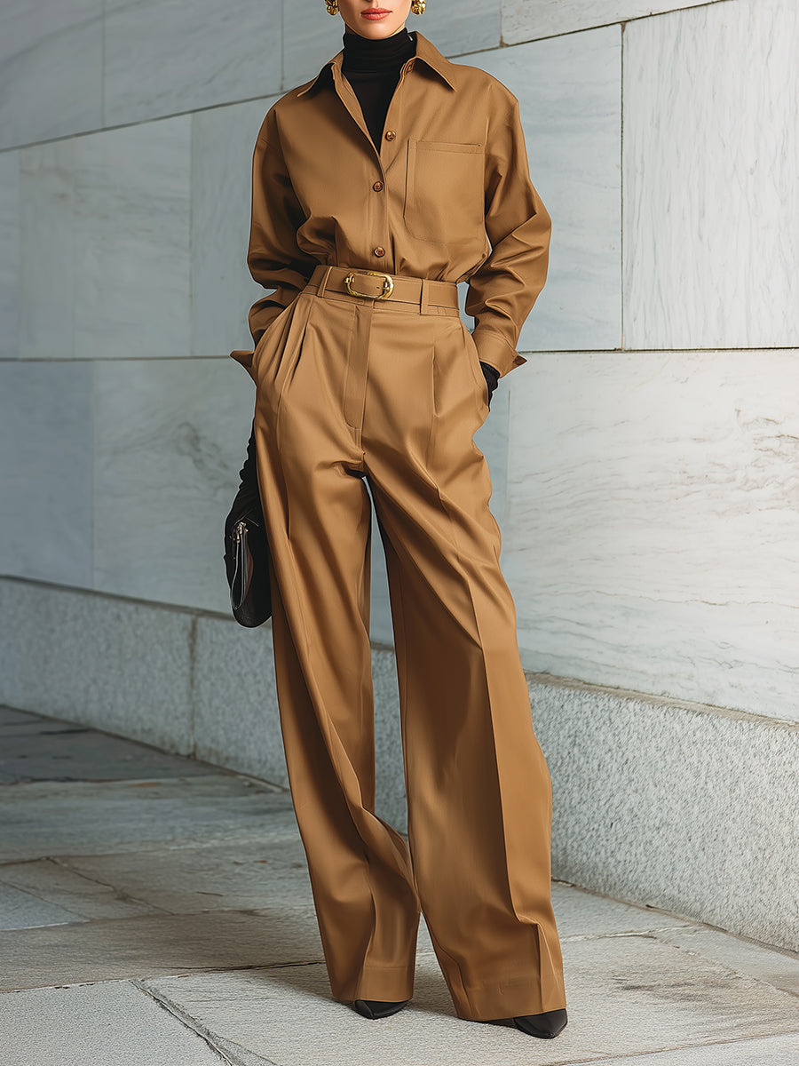 Casual Minimalist Pocketed Cotton Blouse & Pinch Pleated Straight Pants Set