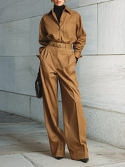 Casual Minimalist Pocketed Cotton Blouse & Pinch Pleated Straight Pants Set