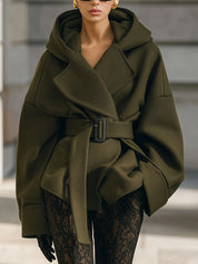 Old Money Oversized Woolen Short Hooded Jacket With Belt
