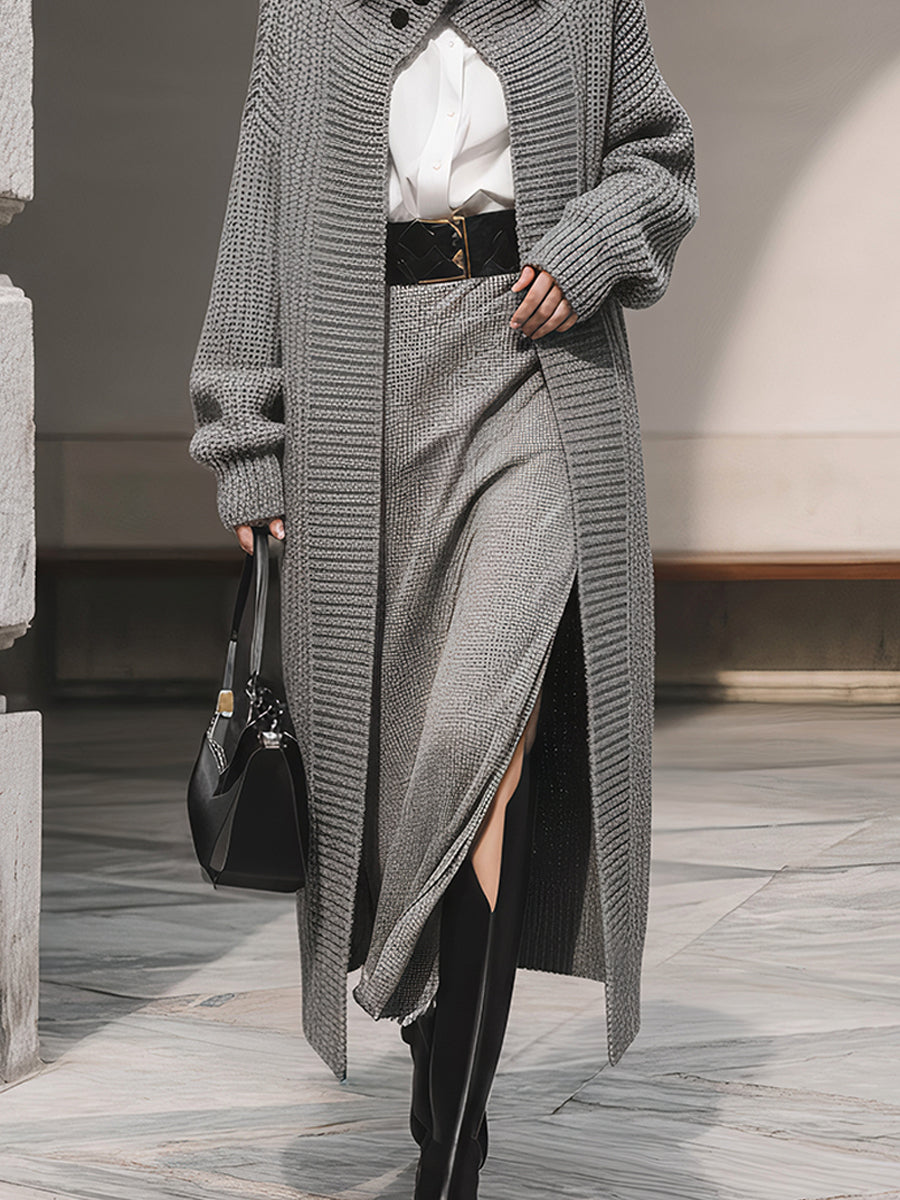Minimalist Drop-shoulder Button-embellished Turtleneck Mid-length Knitted Cardigan