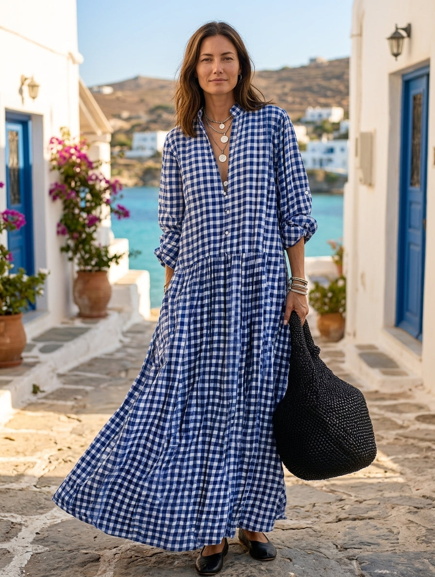 Blue Gingham Check Long Sleeve Maxi Shirt Dress