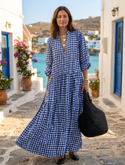 Blue Gingham Check Long Sleeve Maxi Shirt Dress