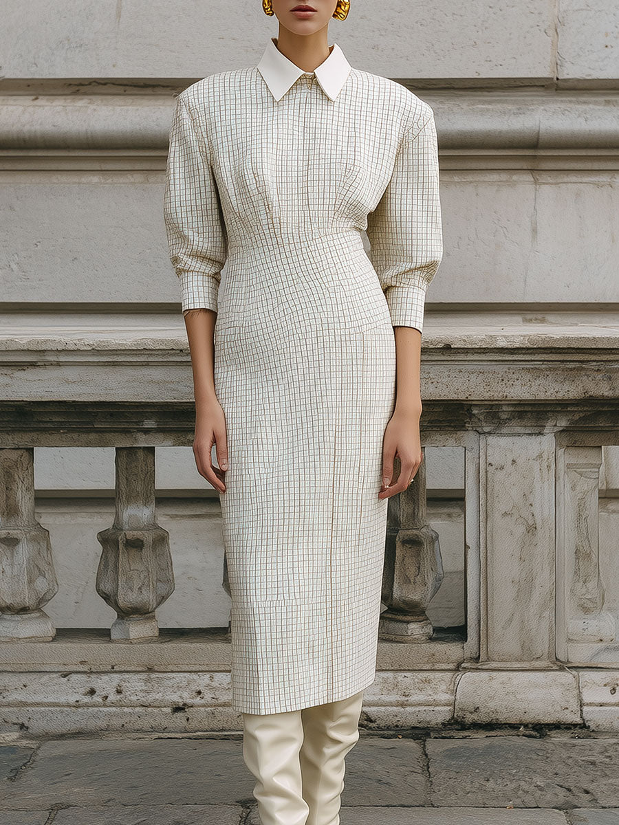 Old Money Plaid Shoulder Pads And Spliced neckline Midi Dress