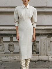 Old Money Plaid Shoulder Pads And Spliced neckline Midi Dress