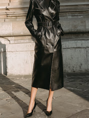 Minimalist Power Silhouette Belted Eco-friendly Leather Trench Coat