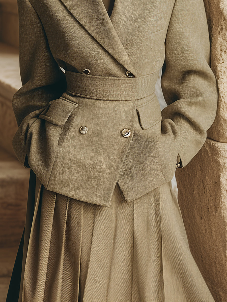 Androgynous Chic Lapel Woolen Double-breasted Blazer With Belt