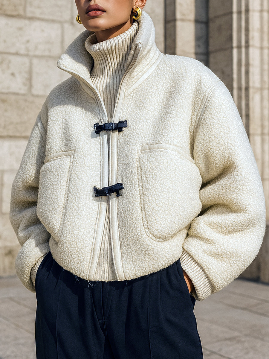 Minimalist Sherpa Patch Pocket Leather Buckle Bread Jacket