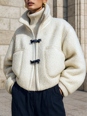 Minimalist Sherpa Patch Pocket Leather Buckle Bread Jacket