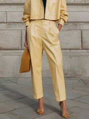 Minimalist Stand Collar Cropped Boxy Jacket & Environmentally Friendly Leather Carrot Pants Set