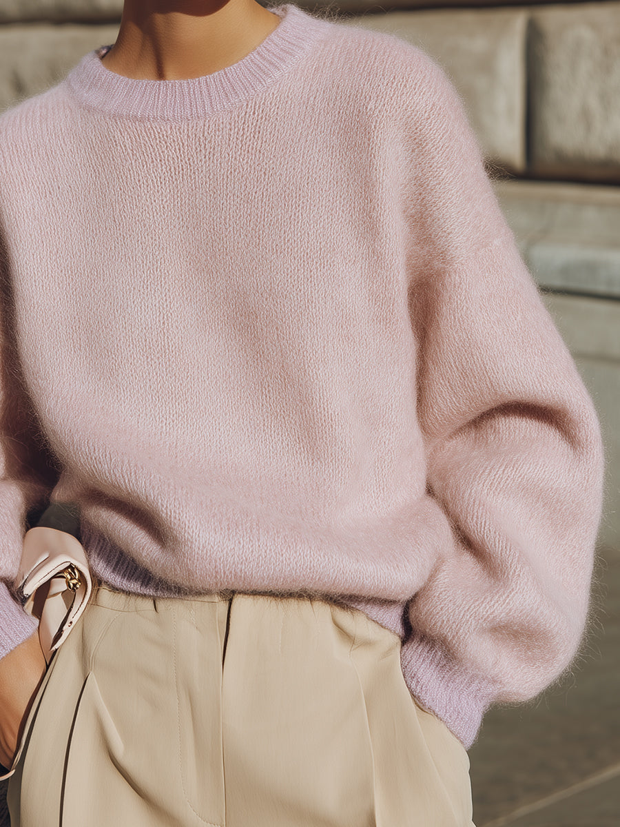 Commuting Drop Sleeves Contrast Color Round Neck Soft Knitted Sweater