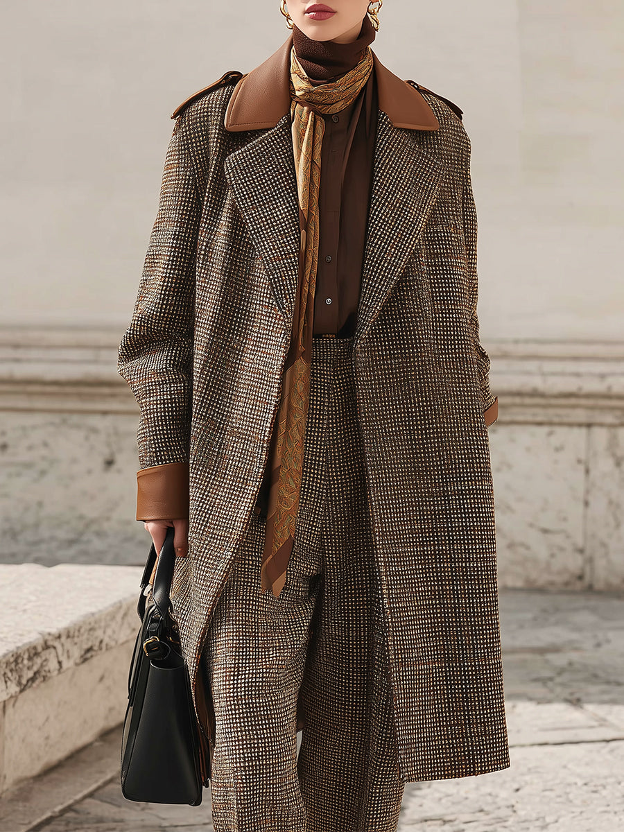Classic Fine Plaid Wool Eco-friendly Leather Patchwork Lapel Mid-length Coat