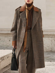 Classic Fine Plaid Wool Eco-friendly Leather Patchwork Lapel Mid-length Coat