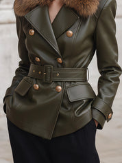 Old Money Detachable Fur Collar Environmentally Friendly Leather Jacket With Belt