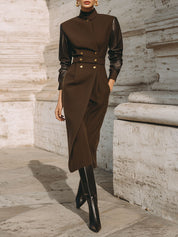 Old Money Style Pu Spliced diagonal Placket Midi Dress