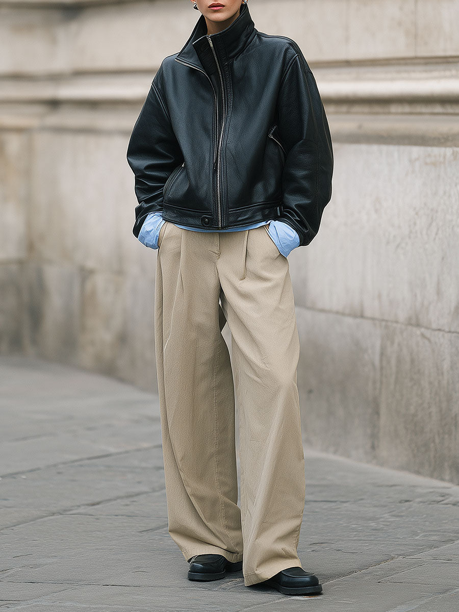 Simple Pure Cotton Pleated Wide-leg Straight Pants