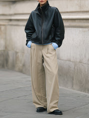Simple Pure Cotton Pleated Wide-leg Straight Pants